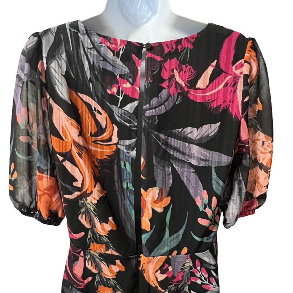 La Maison Talulah dress floral faux wrap puff sleeve open back M black tropical